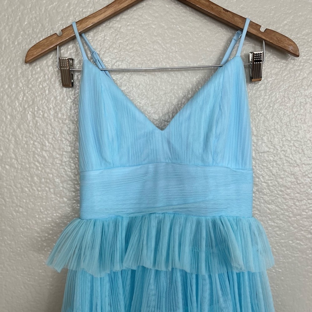 NWOT Radiant Event Light Blue Mesh Tiered Pleated Backless Maxi Dress - Picture 4 of 9